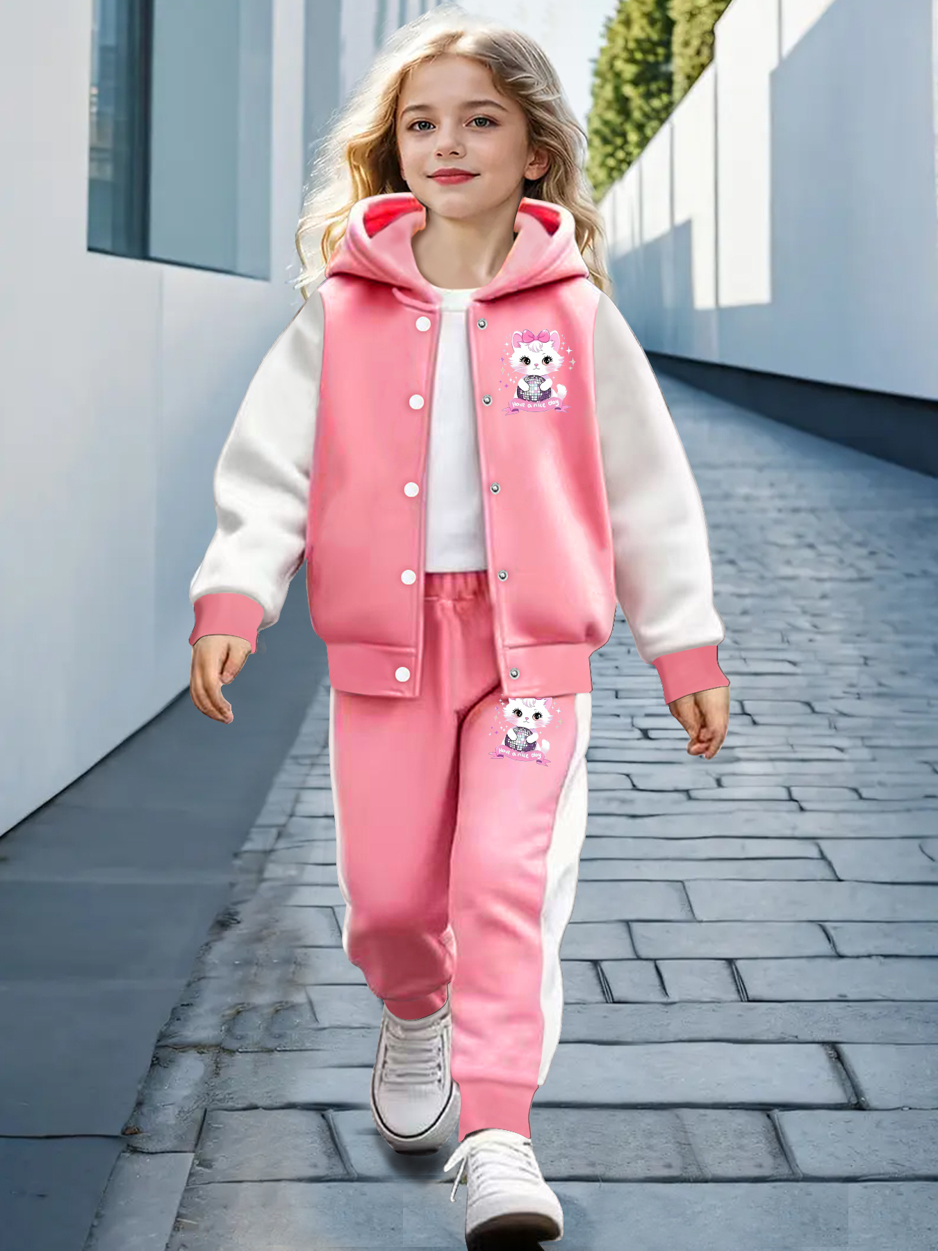 2pcs Cartoon Bow Girl Pattern Print Hooded Jacket and Sweatpants Set