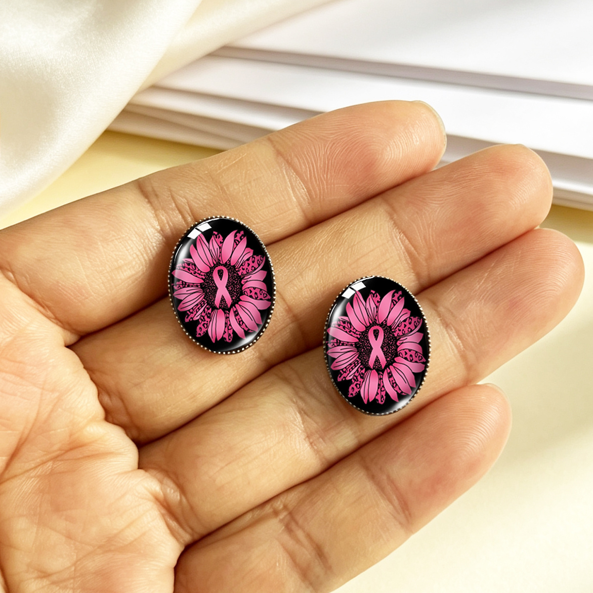 Pink Sunflower Ribbon Pattern Oval Stainless Steel Stud Earrings