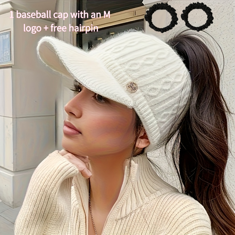 TEMU 3pcs, 1pc M Letter Baseball And 2pcs Hair Scrunchies Gift, Winter Bun With Ear Flap, Thickened Elastic , Featherless, Hand Washable Polyester