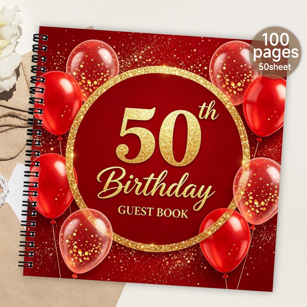 TEMU 1pc 'or , 'invités à pour 50e anniversaire, Livre de messages et de sur le thème des ballons à paillettes rouges et dorées, Cadeau et album