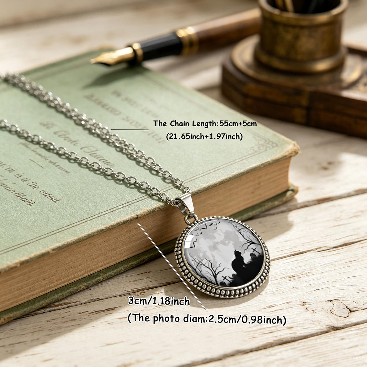 Gothic Graveyard Pendant Necklace with Black Cat & Raven Print