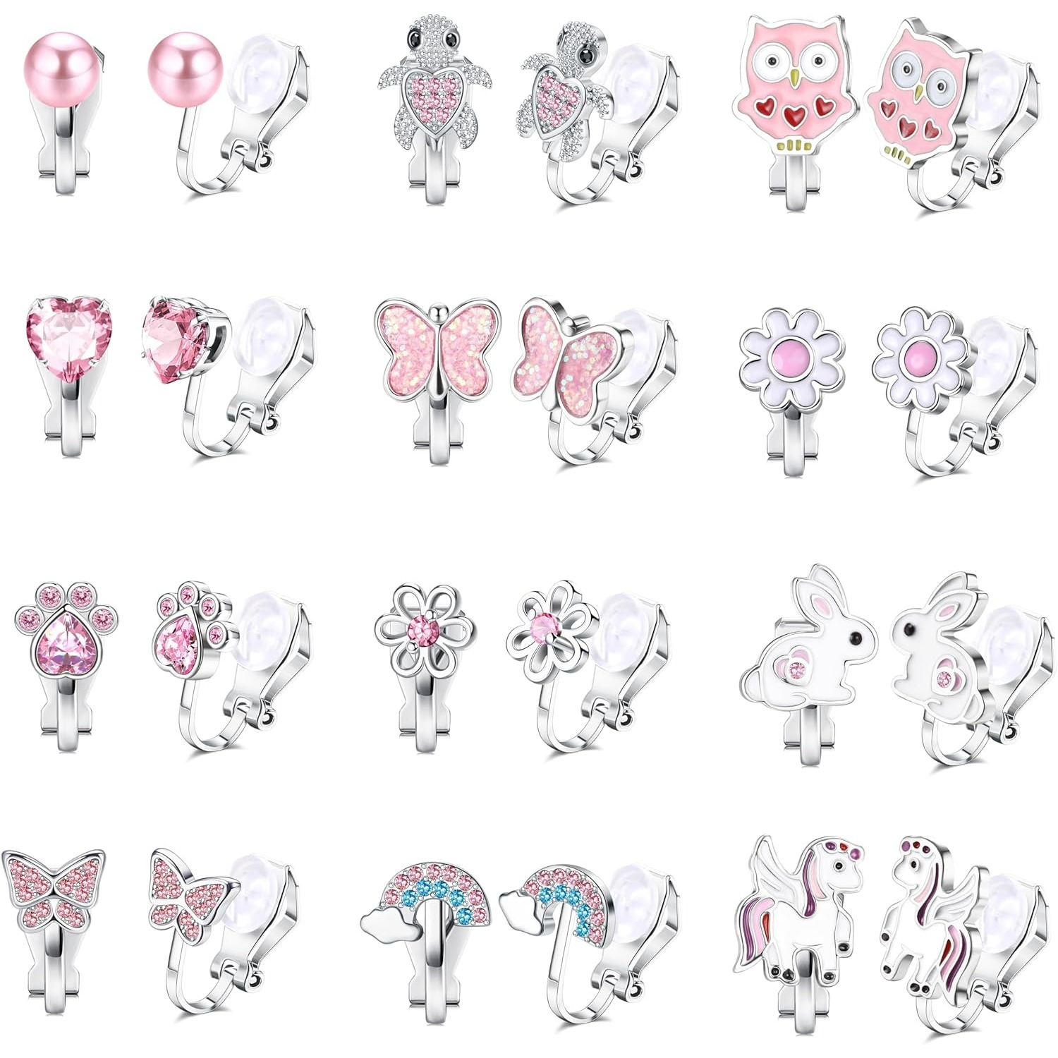 Image of 12 Pairs Hypoallergenic Clip-on Earrings Suitable For Women & - Non-pierced Ear Studs With Cat, Star, Heart, Clips | Multicolored Fake Earrings For Daily Wear, Parties, New Year Gifts | Wear For