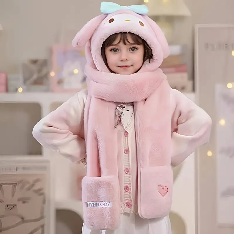 Image of 1pc For Kuromi Plush Hat - Cute With Heart & Design, Thick Warm Winter Hat With Ears, Soft Plush & Adjustable Strap, Perfect For Outdoor Travel, Hiking Accessory, Design
