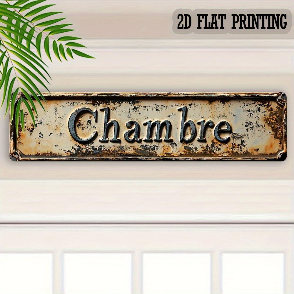 TEMU Plaque métallique plate 2D, 1 pièce, vintage française "Chambre" - Décoration murale vintage blanche avec lettrage français, 10,16 x 40,64 cm,