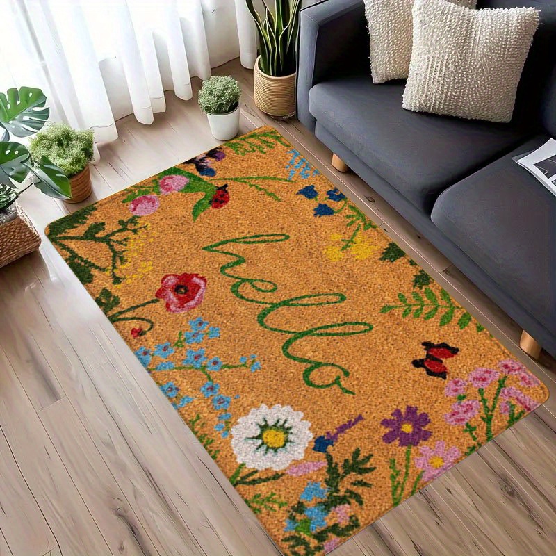 E-shop 1 Stück Hello Flanell Anti-Rutsch Fußmatte – Saugfähig, Maschinenwaschbar aus 100 % Polyester mit lebendlichem Blumenmuster & „Hello“-Text für