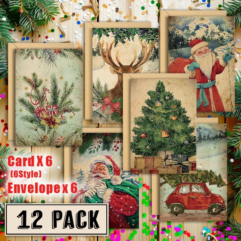 

12pcs Vintage Christmas Greeting Cards With Envelopes - 6 , Sending To Family & Friends, Best For Christmas