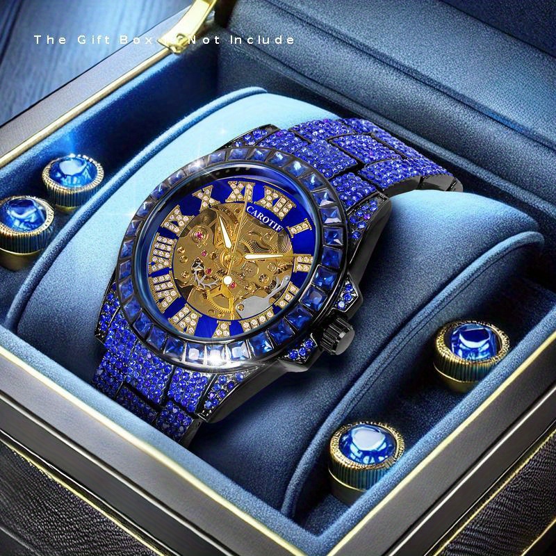 TEMU 1pc Men' Mechanical Watch With Roman & Blue - Self-winding Watch Suitable For &, Mechanical Movement, No Required, Ideal For Casual Attire & Gifts