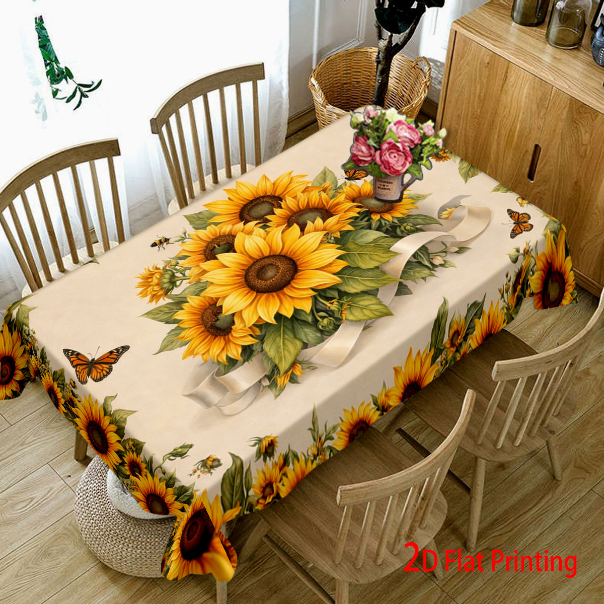 TEMU 1pc Yellow Sunflower Print Tablecloth |,wedding Decorations,summer Decoration,garden Decor For Outside,outdoor Decor, Machine Washable, Table