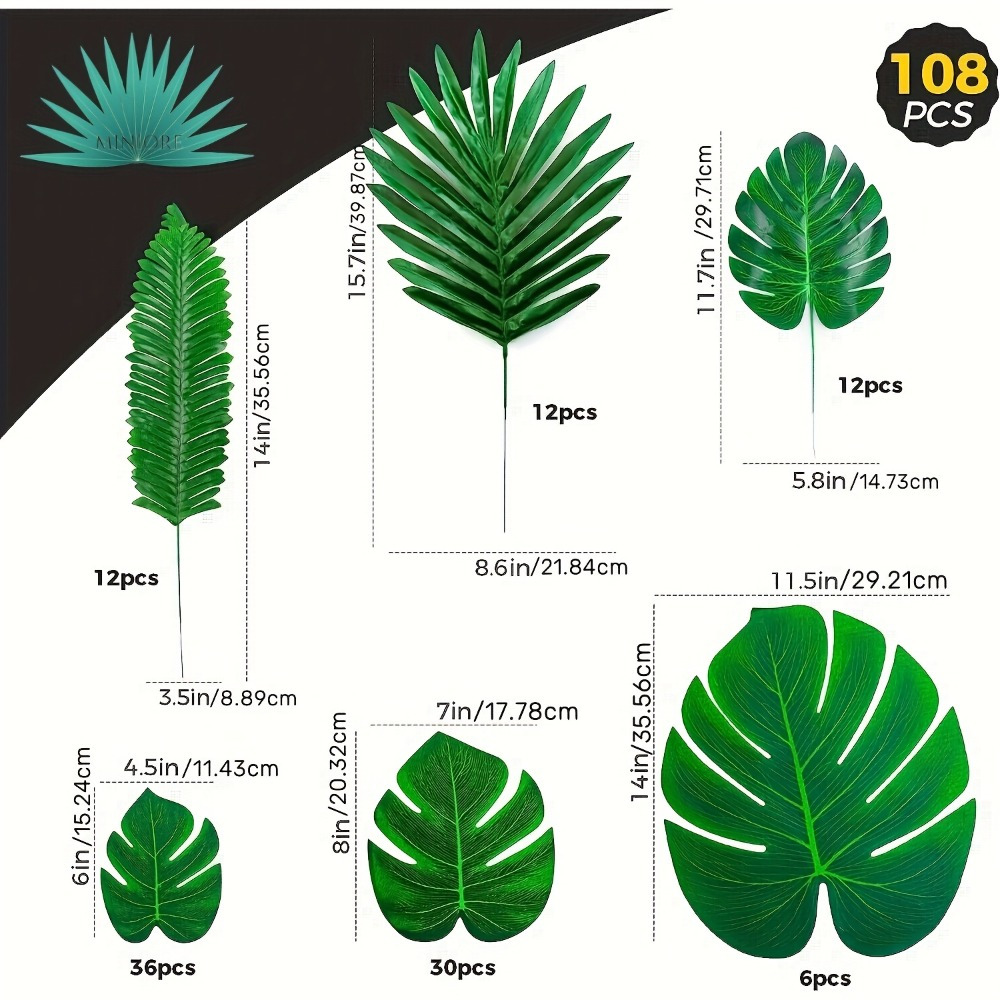 Image of Set Of 108 Artificial Palm Leaves, Perfect For Tropical-themed Events Like Hawaiian Parties, Weddings, And Birthdays