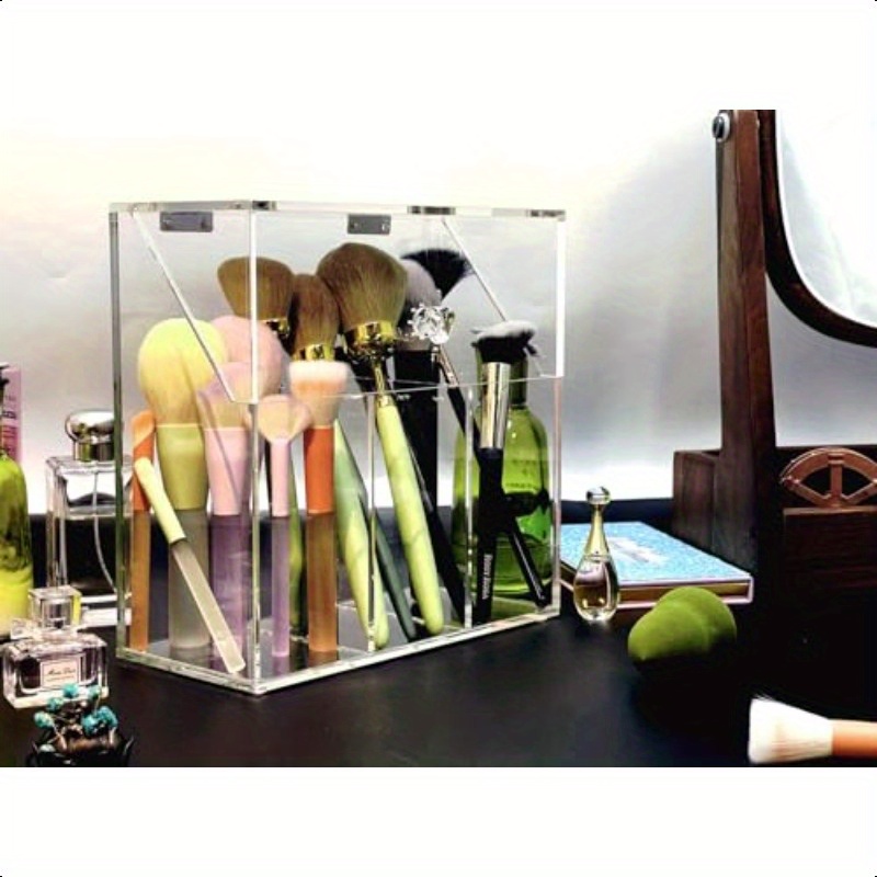 acrylic makeup organizerclear cosmetic brush storage box with 3 brush holders makeup brush holderwith dust cover largecapacity split design can quickly organize the desktop no pearls Product details 5
