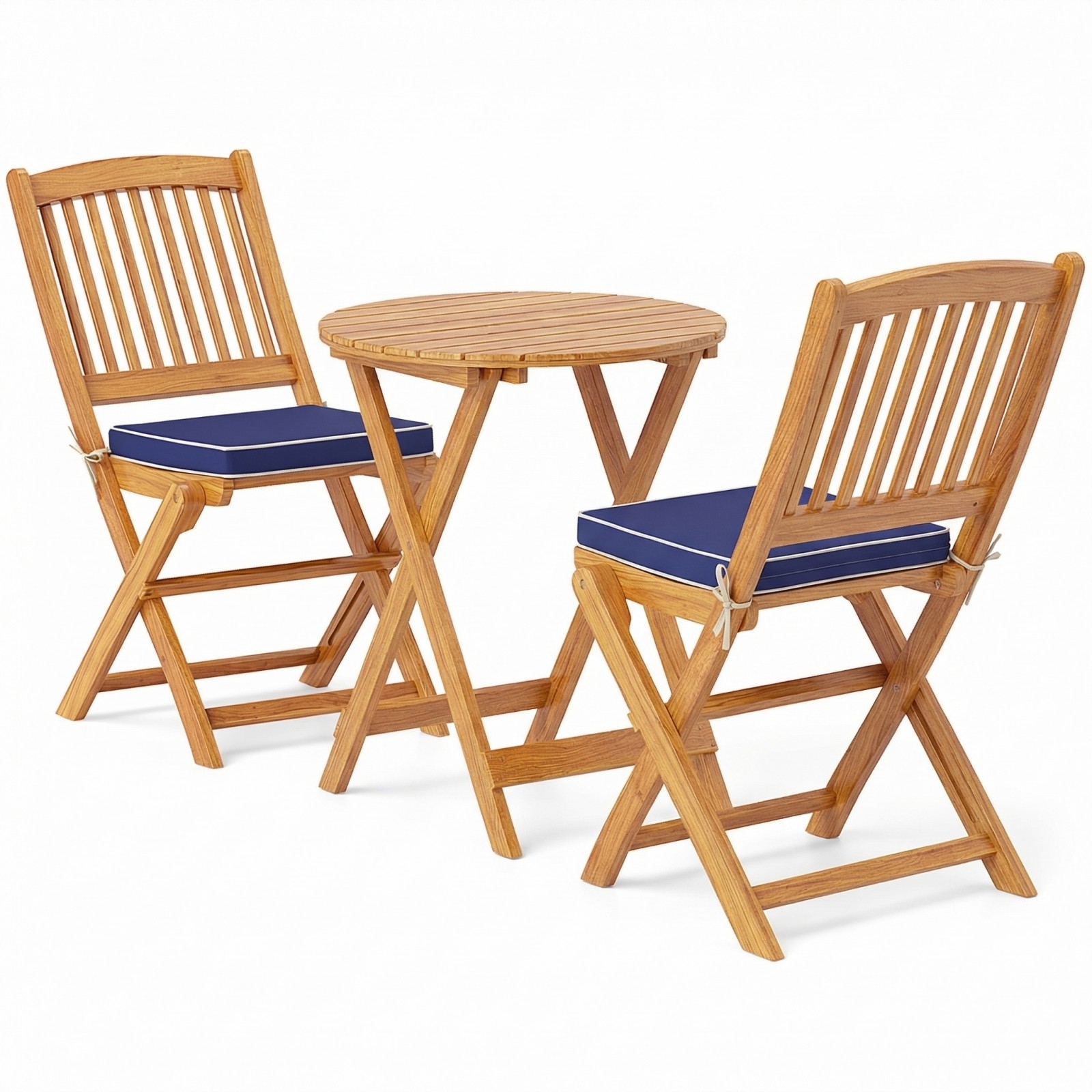 Image of 3pcs Acacia Wood Table & Chairs Set With Folding Dining Furniture, Padded Cushion Seats & Coffee Table Suitable For Outdoors, Garden, Porch, Balcony, Compact Space- For Small Apartments/cottages