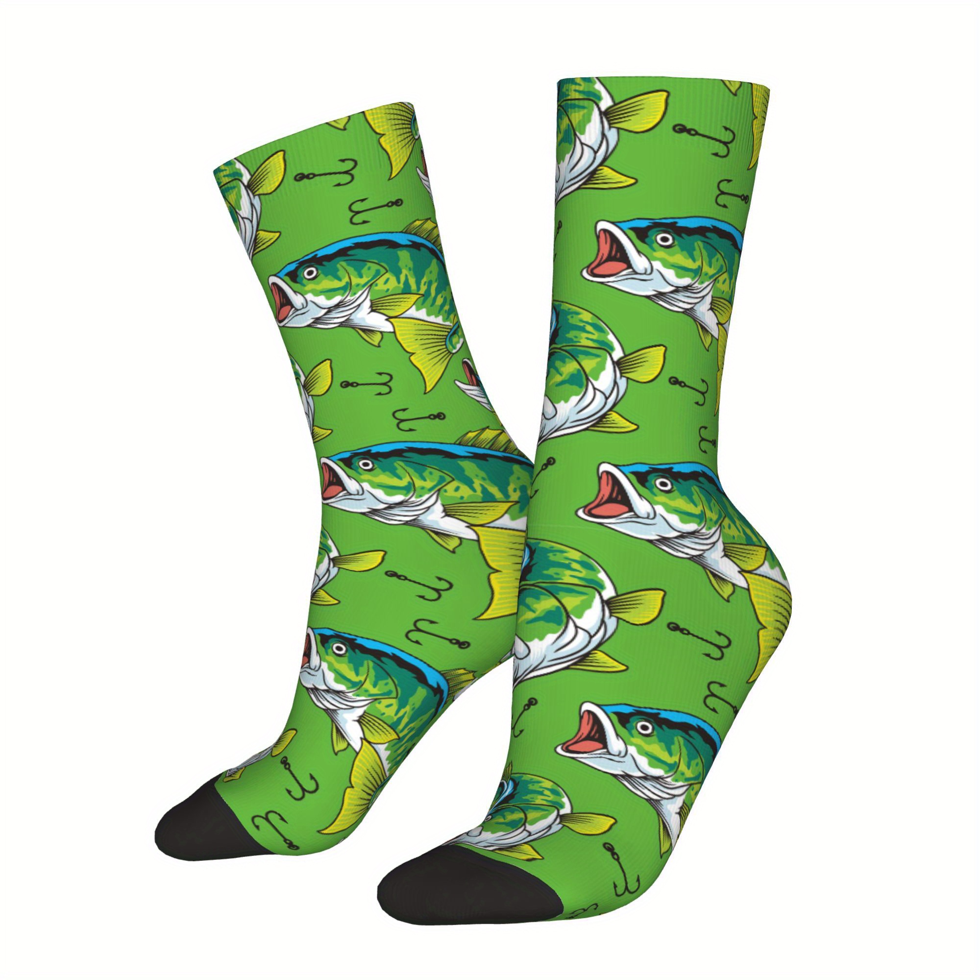 

1pc Men's Novelty Polyester Socks With Bass Fish And Print, Knit Fabric, , Hand Washable