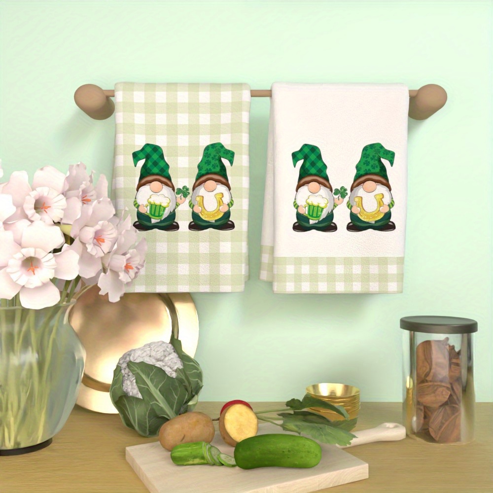 2pcs whimsical gnome   s day kitchen towels - 45.72x66.04cm soft,   &   absorbent polyester, decorative tea towels with green checkered background for   decor details 0