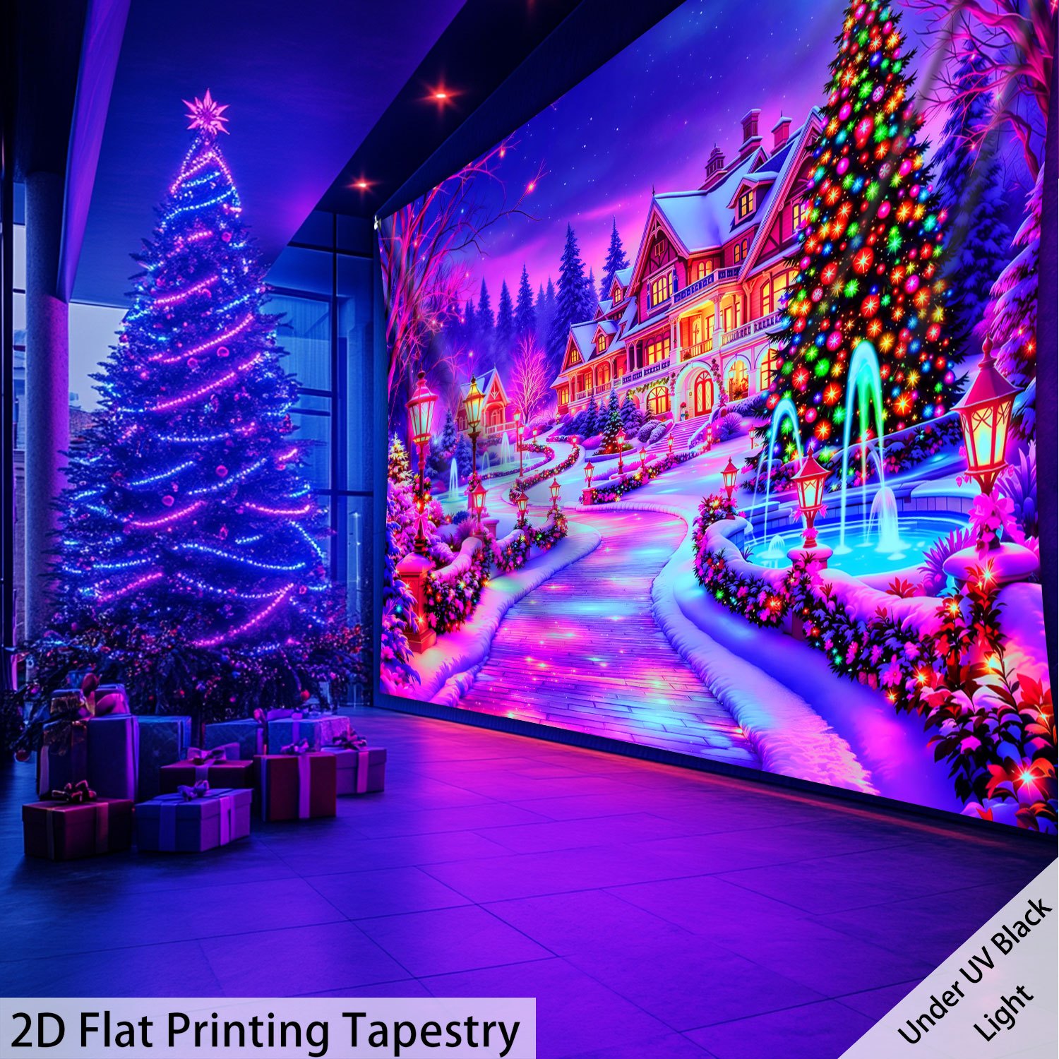 TEMU 2d Flat - 2d Flat - 1pc - Villa Christmas Scene With A In A Winter Garden - Oversized - Under Uv Light - High-definition Enormous Tapestry -