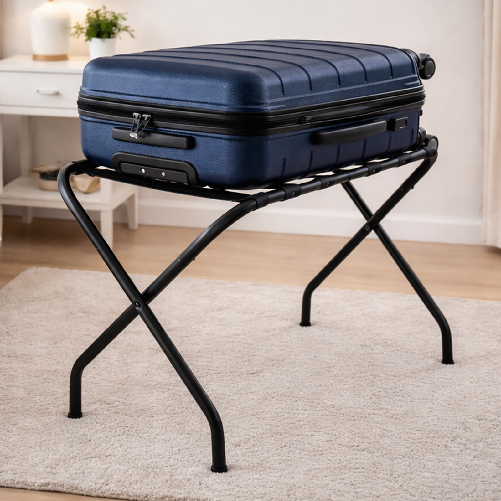 Image of 1pc Heavy-duty Metal Folding Luggage Rack With Heavy-duty Nylon Straps, Collapsible Suitcase Stand With Floor Protection, For , Bedroom & Hotel Use, Luggage Racks