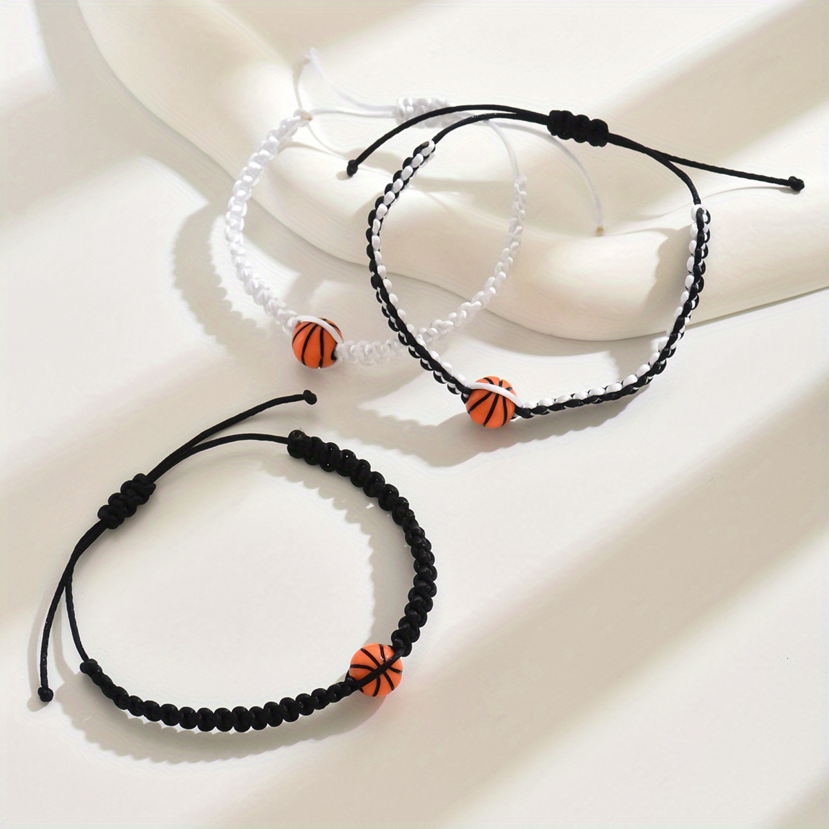 TEMU 3pcs Woven Adjustable Bracelets, Black White Basketball Elements, Daily Wear