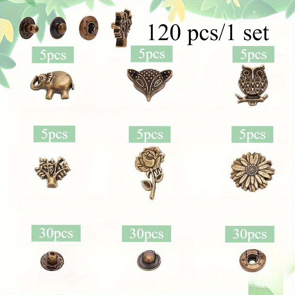 Image of 120pcs Snap Fasteners With Elephant, Owl, And Tree Of Life Designs, Suitable For Outerwear Jackets - Metal Clips For Handmade And Sewn Storage