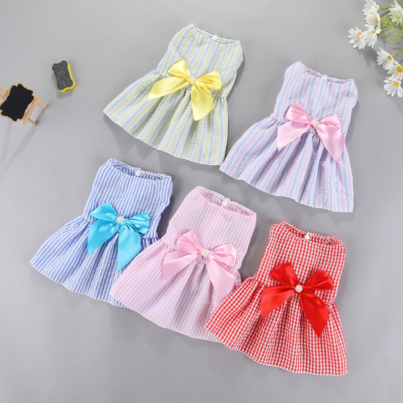 TEMU 5pcs Pet Clothes, Spring/summer Dress For Dogs, Cat Bowknot Striped Holiday Party Outfits, Suitable For Chihuahua And Yorkshire Terrier Apparel
