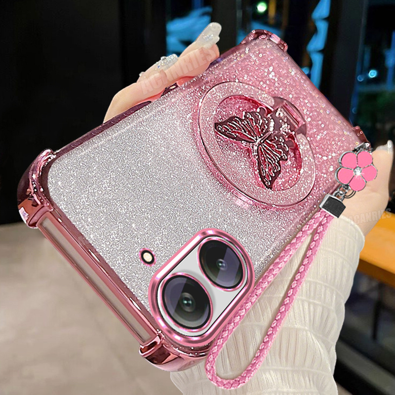 TEMU Phone Case - 1pc Luxury Glitter Stand Holder With 1pc Candy Woven Wrist Strap Lanyard And 1pc Plating Gradient Shockproof Protective Phone Case