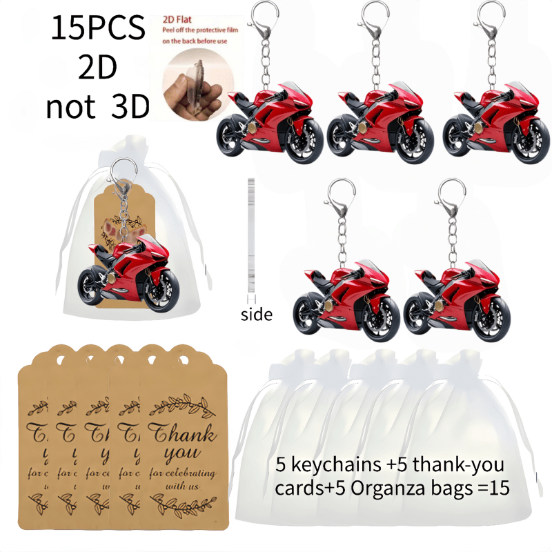 TEMU Plat 2D, Lot de 15 porte-clés en acrylique plat 2D, - 5 porte-clés en acrylique avec 2D + 5 cartes de remerciement + 5 sachets cadeaux en