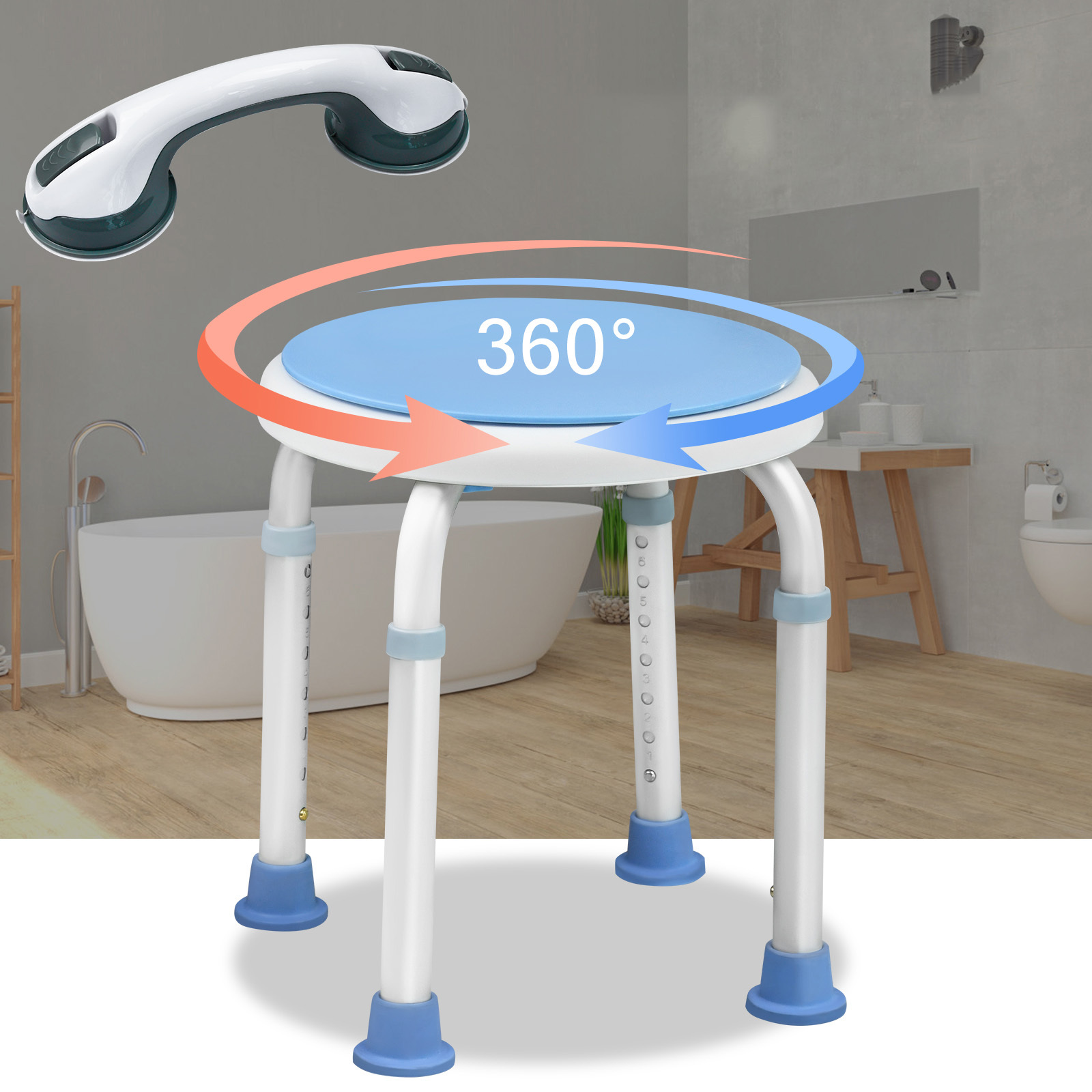 TEMU Shower Stool, Shower Chair, 360° Rotating Bathroom Stool, Shower Aid, Adjustable Height From 37 To 53 Cm, Modern Shower Seat, Bathroom Seat,