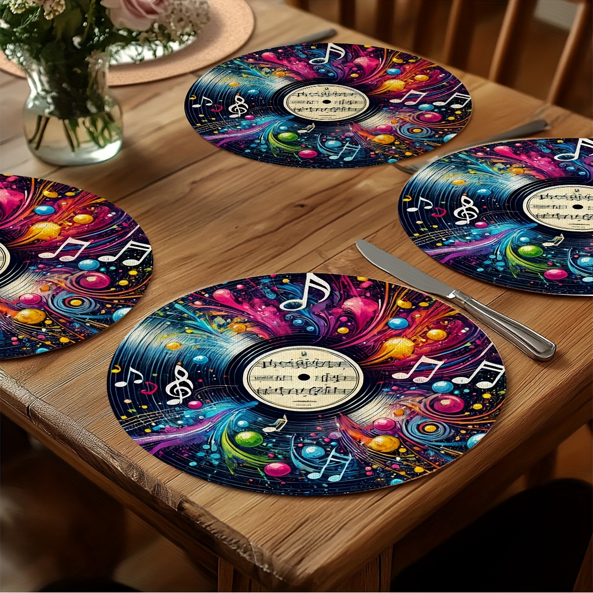E-shop Set mit 6 Retro 80er- und 90er-Jahre Musik Party Tischgeschirr - Tischsets mit Vinyl Schallplatten und Kassetten Designs mit Neon-Spritzern