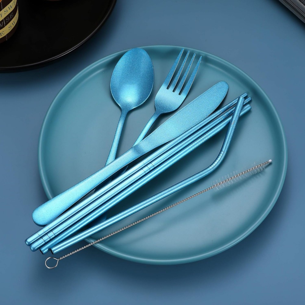 portable stainless steel flatware set travel camping cutlery portable utensil silverware dinnerware set with a case black Product details 7