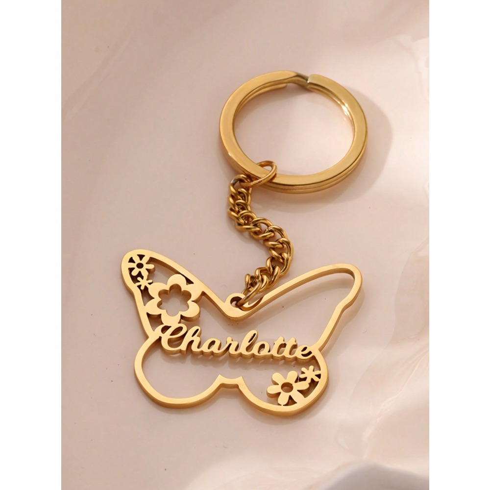 TEMU Porte-clés chaîne personnalisé - 1pc Porte-clés papillon personnalisé en acier inoxydable avec nom gravé, pendentif lettre de dessin , convient