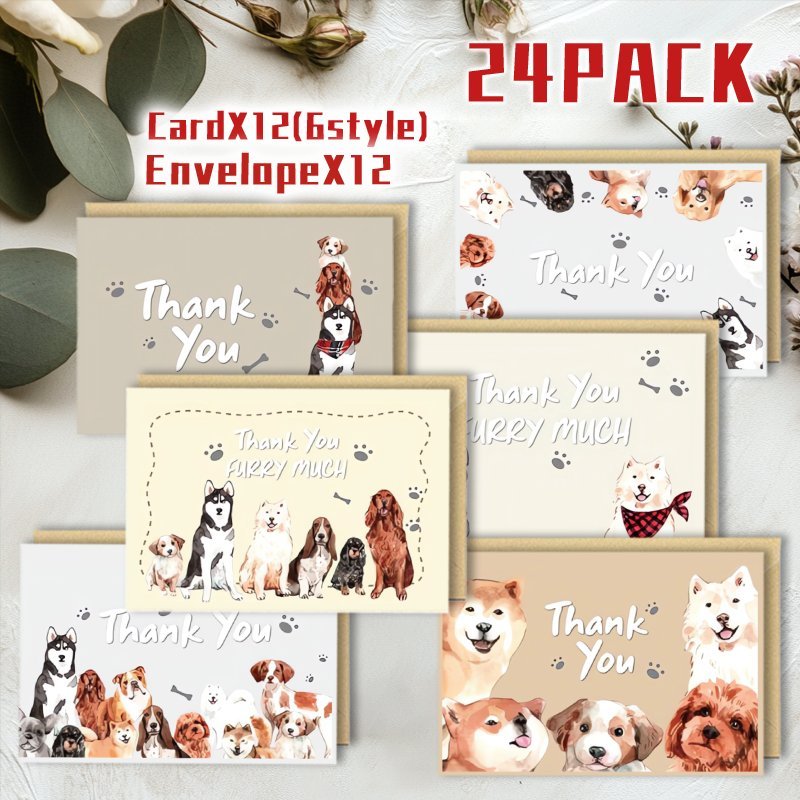 

24pcs Cartoon Puppy Thank You Greeting Cards Set, Multi- Paper Cards For Christmas, New Year, Valentine's, Birthday & Appreciation, With Envelopes, For Family & Friends