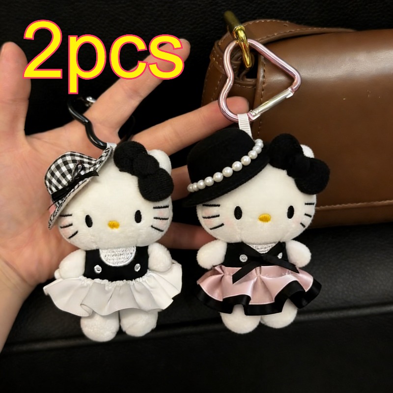 TEMU 2pcs Hello Kitty Plush Keychain Pendants - Cute Kt Signature Charms, Soft Suitable For Bags, Car Keys, Backpacks - Durable Gift For,,, Birthday Accessories With Hello Kitty Face