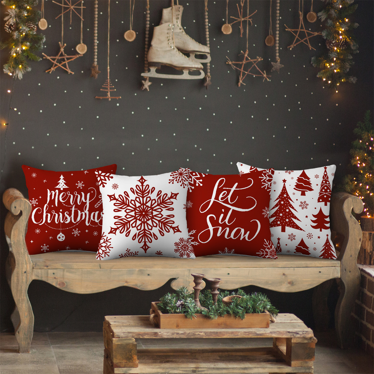 4pcs Christmas Throw Pillow Covers - Merry Christmas Christmas Tree Snowflake Christmas Ornament Designs, Zip Closure, Farmhouse Winter Holiday Decorative Cushion Case for Bedroom Sofa Couch