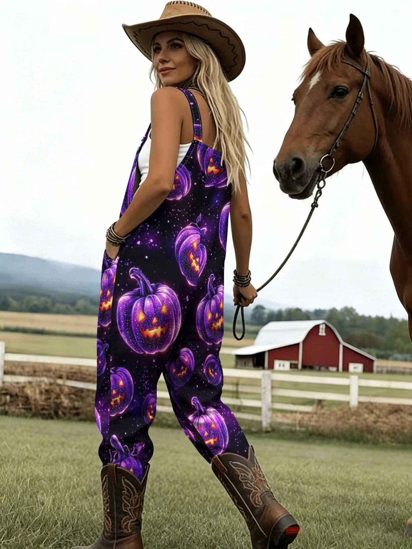 halloween womens casual overalls with a fashionable sleeveless button design featuring pumpkin and gourd graphics suitable for vacation and casual attire with pockets and a loose fit newly   version