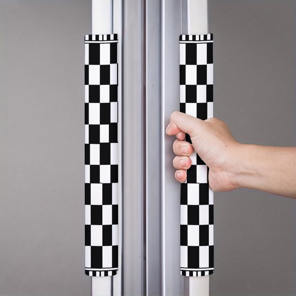 TEMU 2pcs 2d Flat Refrigerator Door Handle Covers With Black & White Checkered Pattern, Appliance Handle Protectors Suitable For Fridge, Dishwasher,