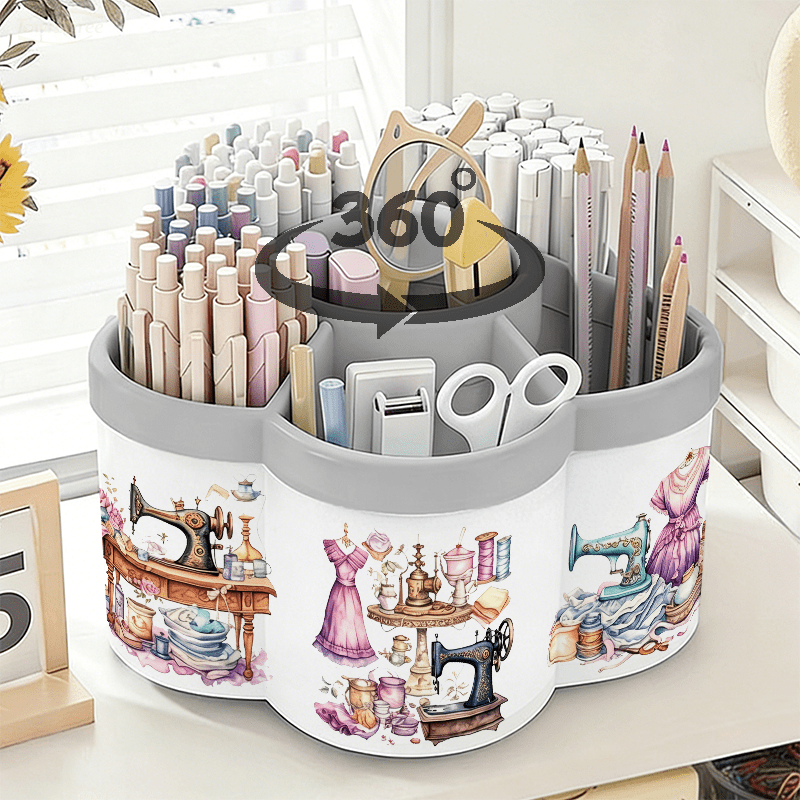 TEMU Rotating Pen Holder And Cosmetic Storage Box | Sewing Life Scene Illustration Sticker - 360Â° Rotating Convenient Desktop Storage Box | Large