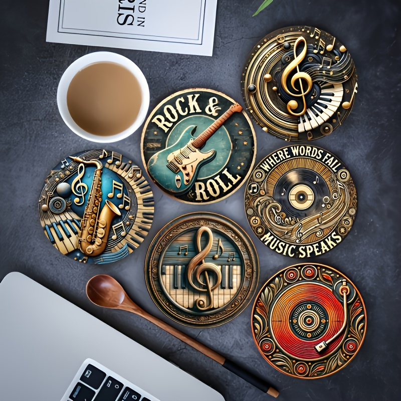 TEMU 6pcs Vintage Music-themed Coaster Set Suitable For Home & Restaurant Decor, Wood Coasters With Musical Instruments & Notes, Table Protectors For