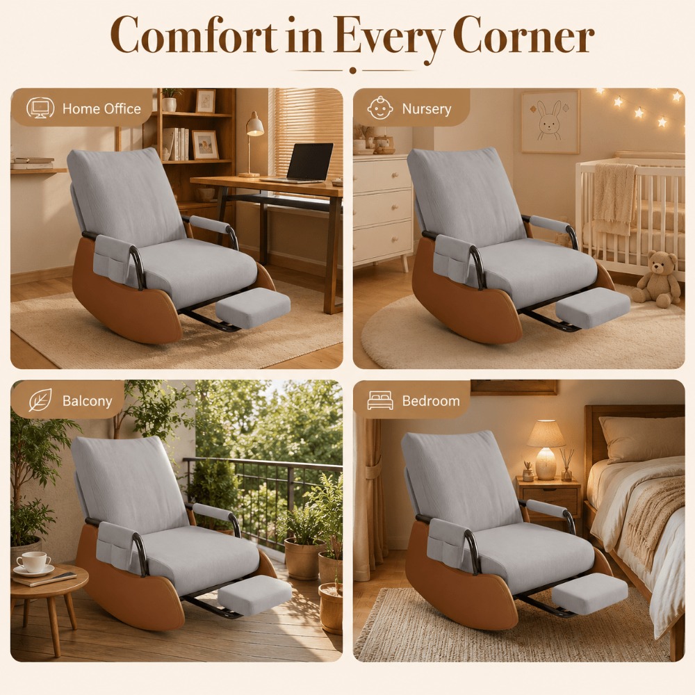TEMU Rocking Floor Chair For Adults, Foldable Corduroy Lounge Recliner With Adjustable Backrest & Footrest, Padded Armrests, Side Pocket, Reading