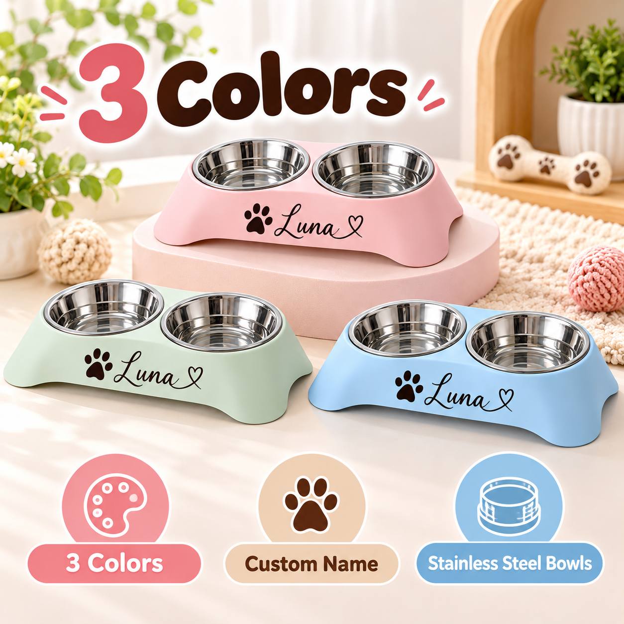 TEMU 1pc Personalized Double Stainless Steel Pet Bowl, Custom Food& Water Feeder With 2 Removable Easy-clean Bowls For Small Medium Pets