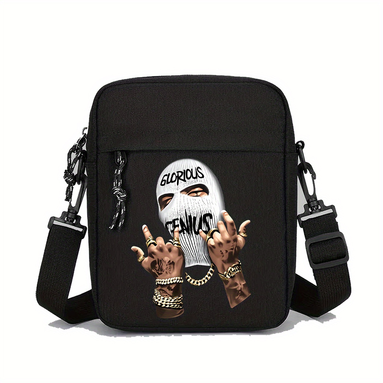 TEMU 1pc Tenjus Men's And Unisex Black Balaclava/face Mask-like Crossbody Bag - Zippered Compartments, Adjustable Strap, Golden-tone Hardware,
