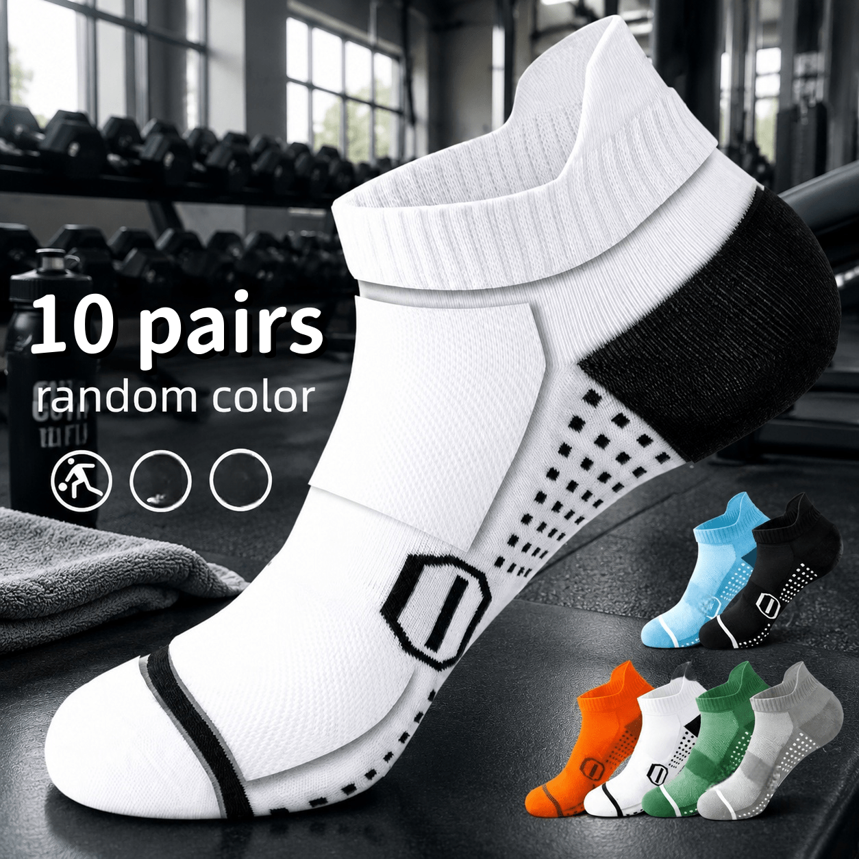 TEMU 10-pair Professional Moisture-wicking Men's Sports Socks, Unisex Athletic Ankle Socks With Elastic Ribbed Top, Random Colors, Essential
