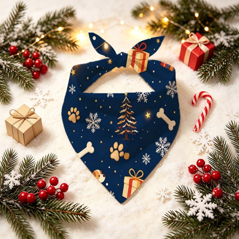 TEMU Écharpe amusante de Noël pour chien, 1 pièce, 24,8 × 11 pouces, avec un motif ludique imprimé sur un foncé, comprenant un visage du Père Noël,