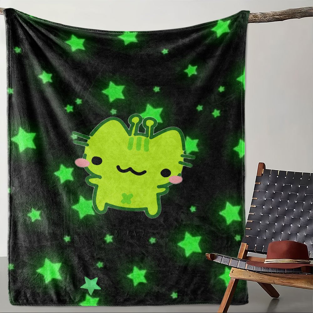 TEMU 1pc Cute Green Kitten Simple Star Pattern Blanket, Decorative Throw For Bedroom, Living Room, Sofa, Warm Nap Blanket, -conditioned Room Blanket,