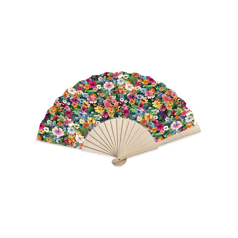 TEMU 1pc Handheld Folding Fan, Wooden Hand Fan, Portable, Lightweight Summer Cooling Fan - Dense Floral Pattern With Colorful Small Prints, Ideal For