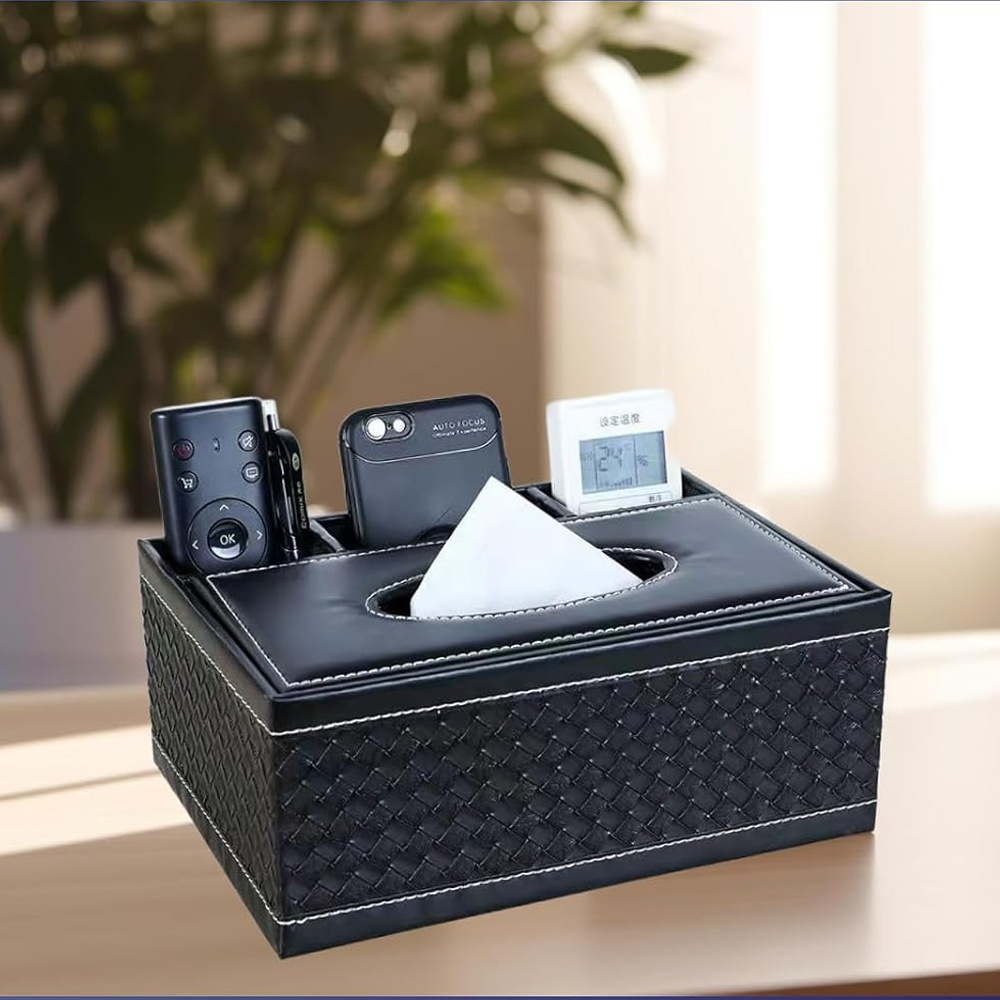 Image of Stylish Grid Design Paper Towel Box Multifunctional 4 Compartment Storage Box Multifunctional 4 Compartment Storage Box Suitable For Living Room, Office And Car Desk Storage Box Bathroom Accessories