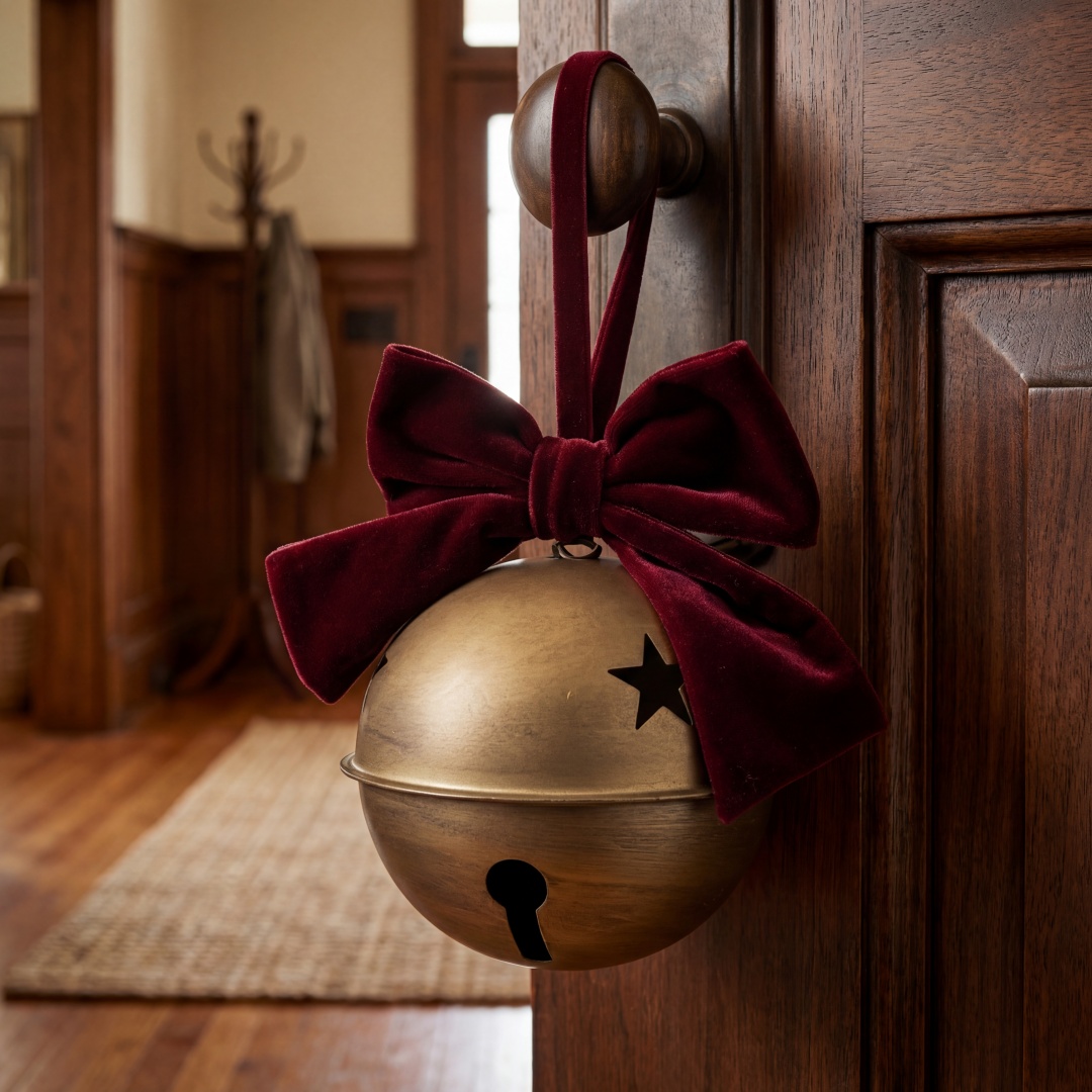 TEMU Grande Cloche de Noël Vintage Ornementale, Motif Étoilé avec Boule de Billard Intégrée pour un Son , Nœud en Velours Rouge, pour Sapin de Noël,