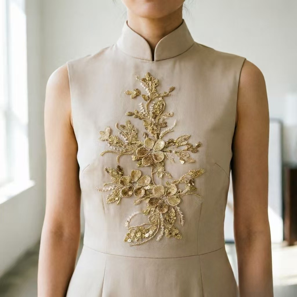 Champagne Golden Sequin Beaded Floral Embroidery Applique for Dresses