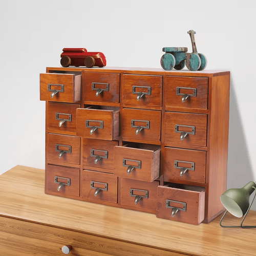 item picture 16 drawer vintage solid wood library cabinet with antique brass hardware freestanding apothecary storage organizer no sturdy tabletop or countertop organizer holders