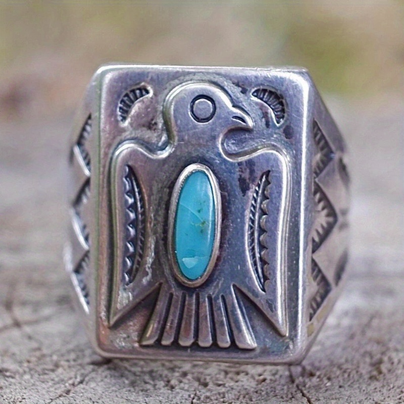 

Vintage Bird Pattern Ring, Stylish And Trendy Turquoise Square Ring With Personality.