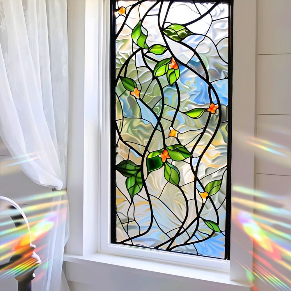 TEMU 1pc Stained Glass Window Film For - Artistic With Flower Decal Home Decor, Multi-scene Application, Light Filtering, Durable, Decoration, Ideal