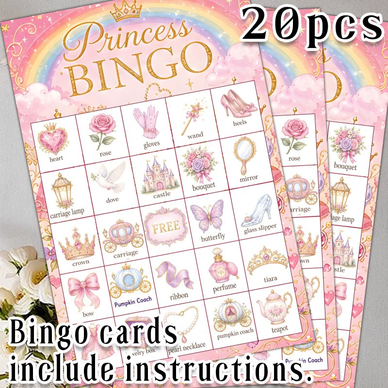 TEMU 20pcs Cmd Bingo Cards, Princess Bingo Cards Pink Castle Themed Printable Bingo Game Set For Bridal Shower Icebreaker Games Classroom Activities