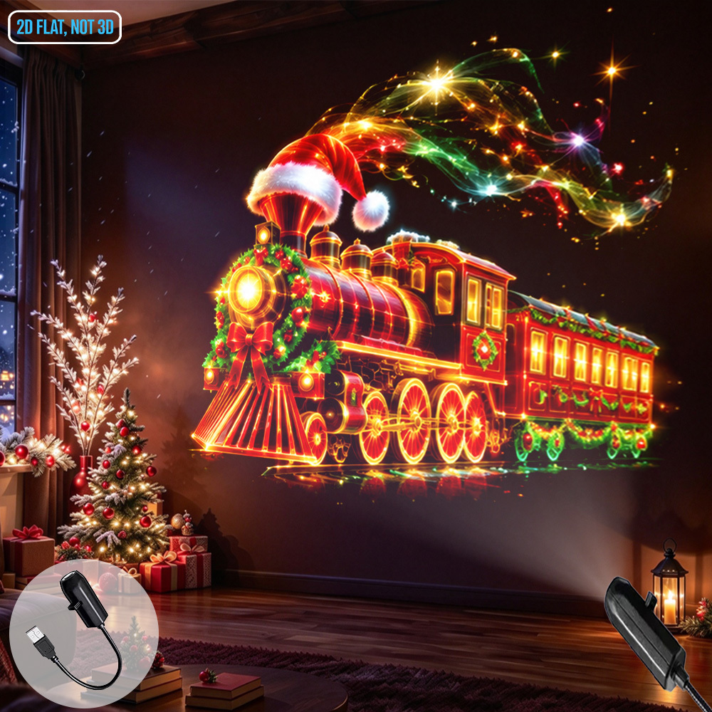 TEMU Veilleuse projecteur LED portable à alimentation USB, thème train de Noël, train à vapeur avec décorations de fêtes, lampe de projection pour